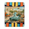 Retro Living Room Poodle Sherpa Fleece Blanket | Mid Century Dog Patio Scene
