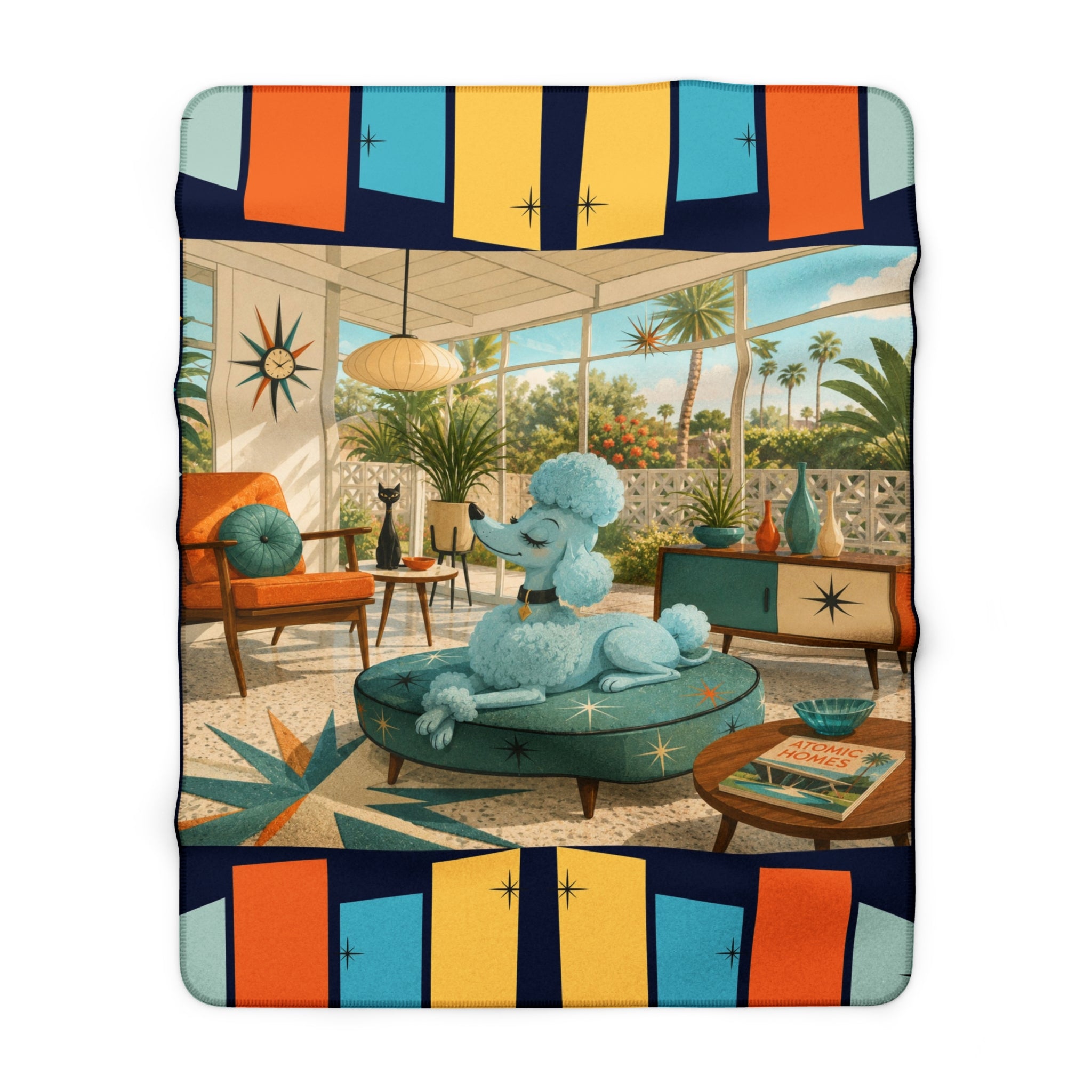 Retro Living Room Poodle Sherpa Fleece Blanket | Mid Century Dog Patio Scene