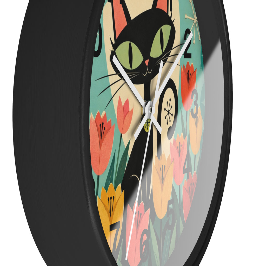 Atomic Black Cat in Tulips Wall Clock | Retro Cat Illustration, Spring Floral