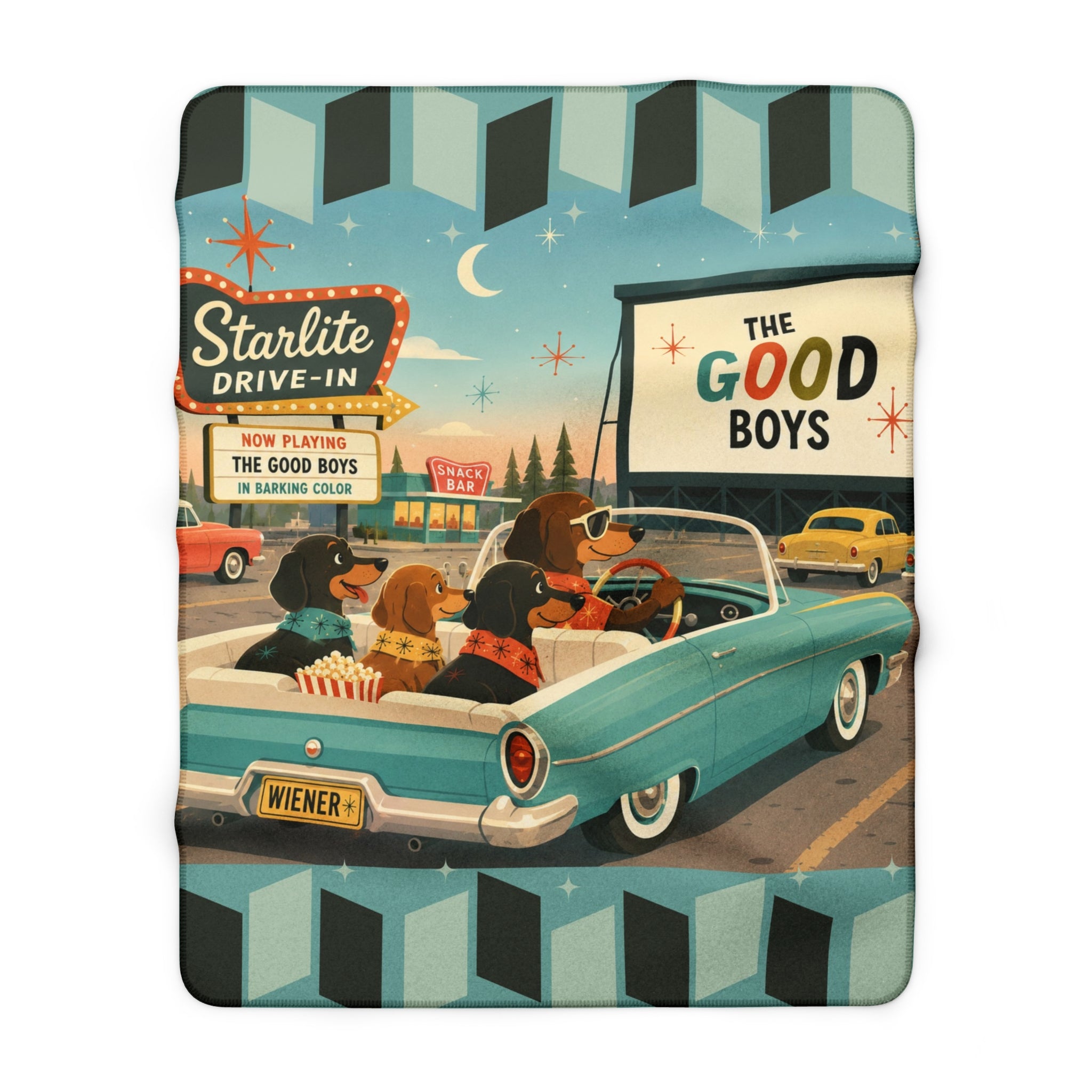 Drive-In Dachshund Dogs Sherpa Fleece Blanket | Retro Movie Night, Vintage 1950s Car & Canine