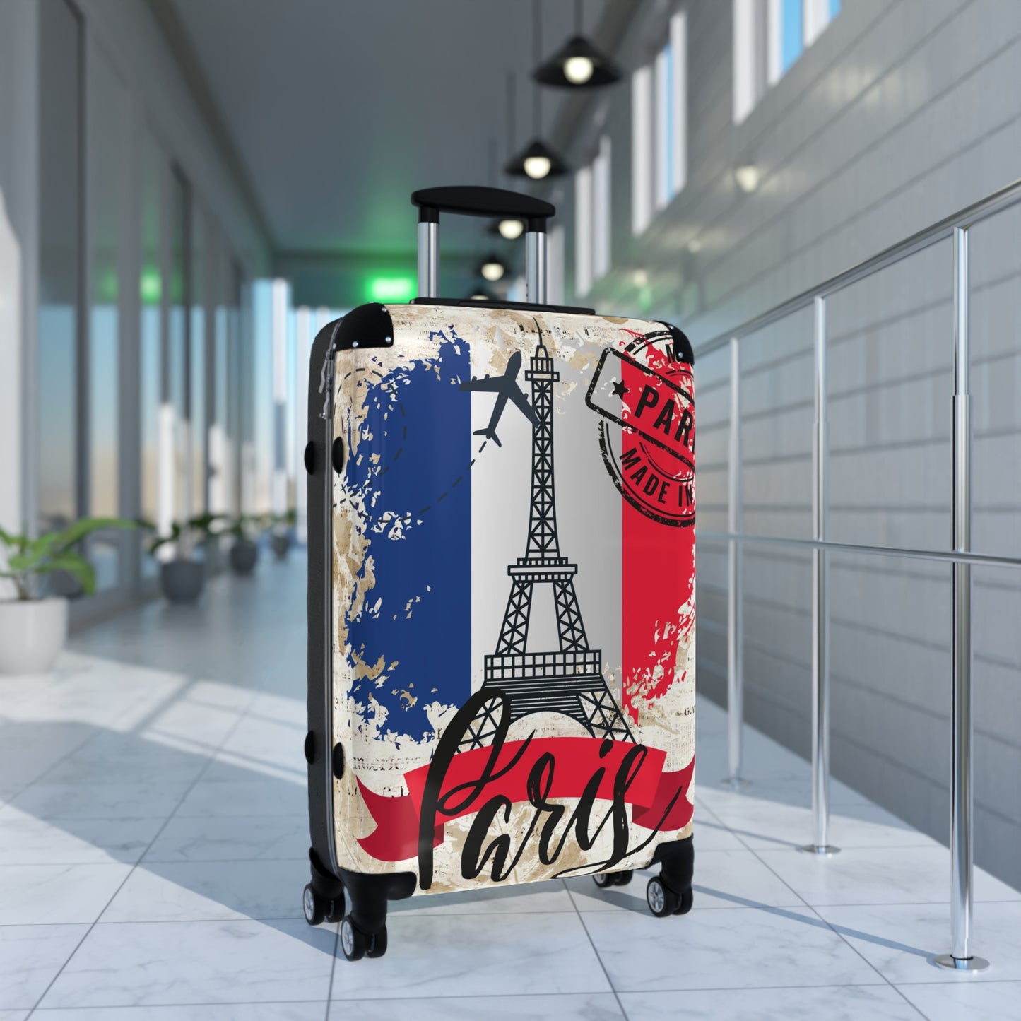 Made in Paris suitcase on wheels,  holiday in France, roller case, secure lockable carry on bags, hard shell travel suitcase