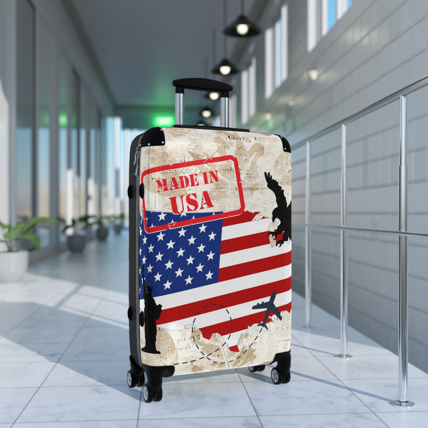 Made in the USA Suitcase on wheels, carry on luggage, travel for holidays, patriotic design, American hard shell lockable case