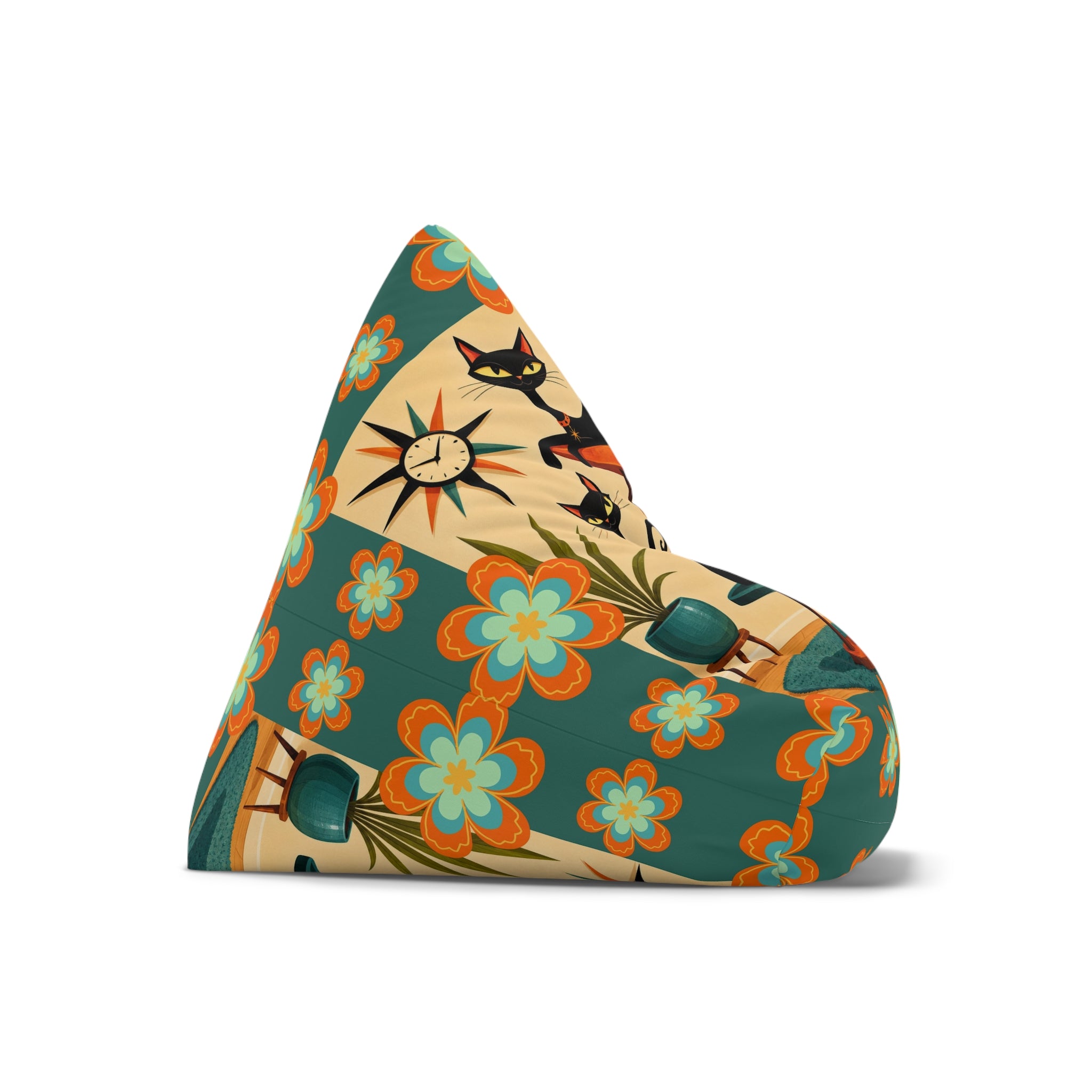 Retro Floral and Atomic Cats Bean Bag Chair Cover | Mid Century Modern Cat Pattern