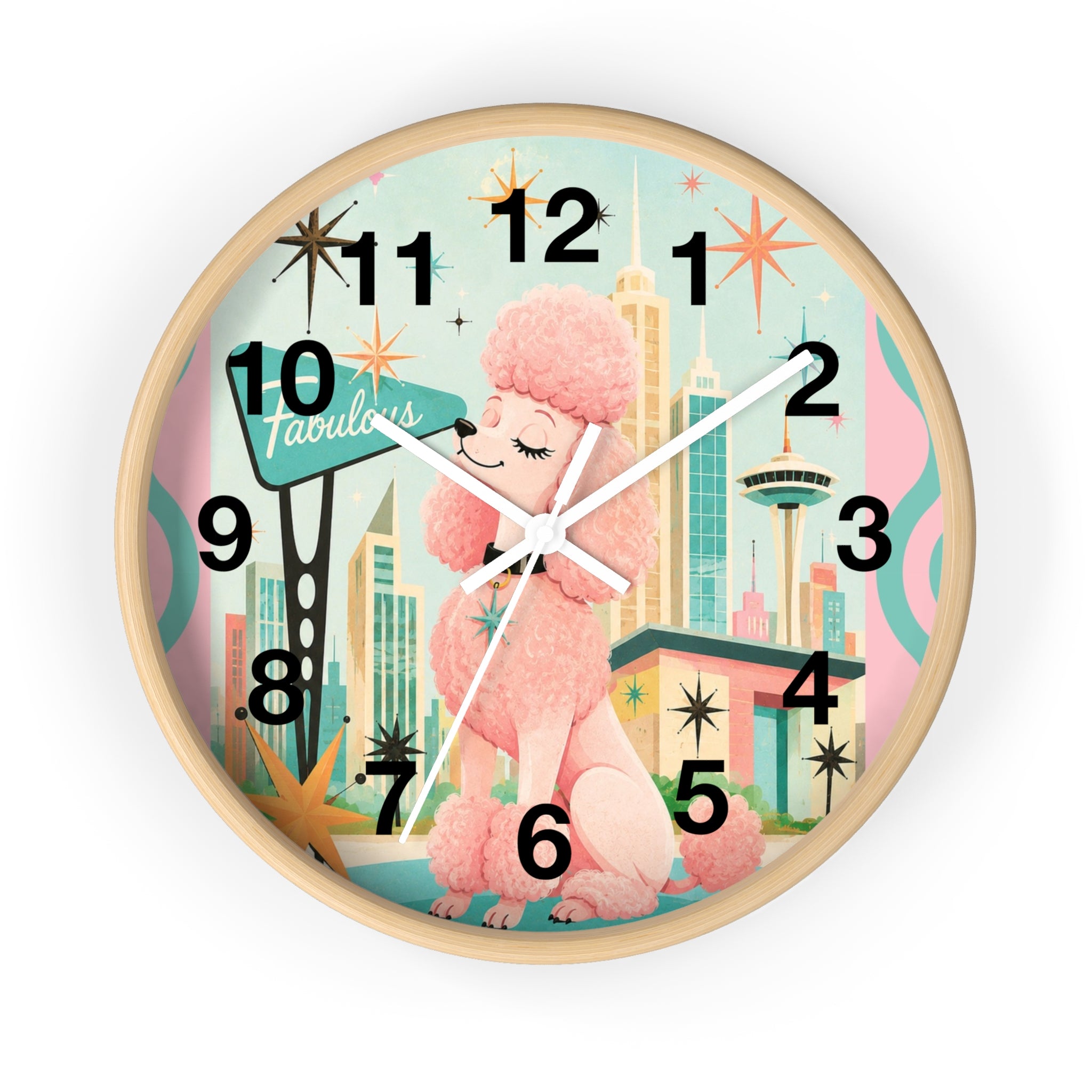 Pink Retro Poodle Wall Clock | Mid Century Atomic City Scene