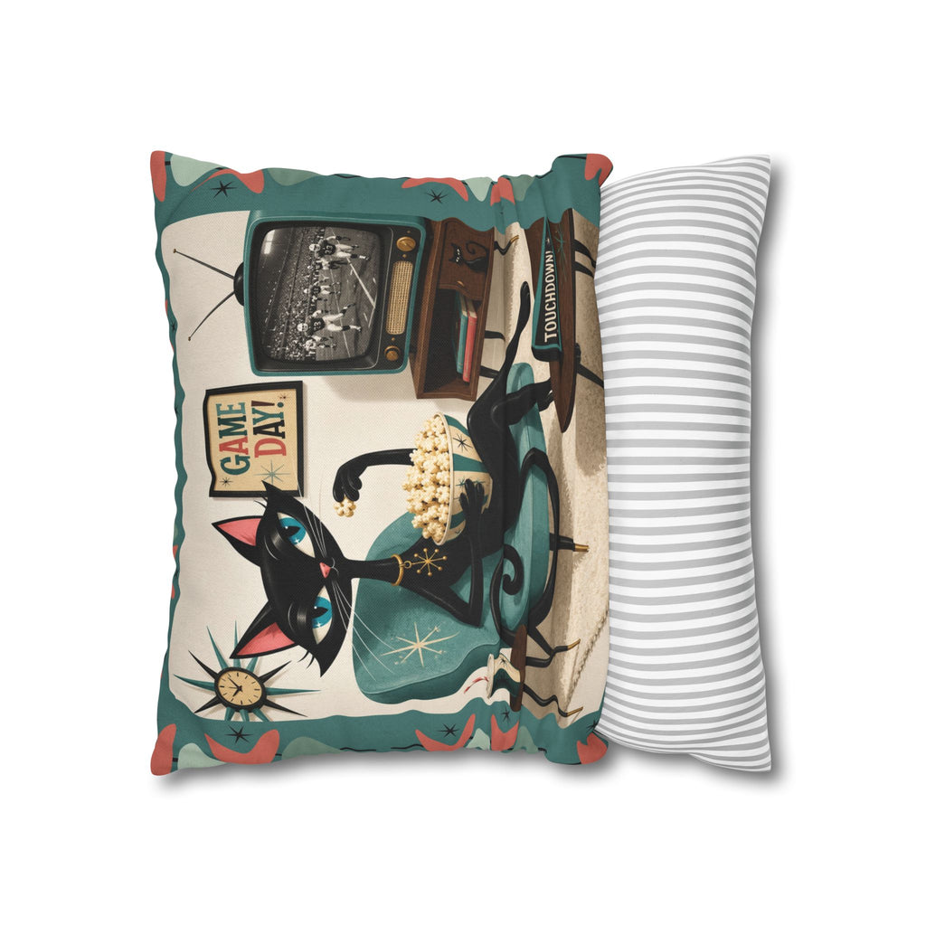 Retro Atomic Black Cat Watching Football Pillowcase | MCM Square Throw Pillowcase - Indoor use