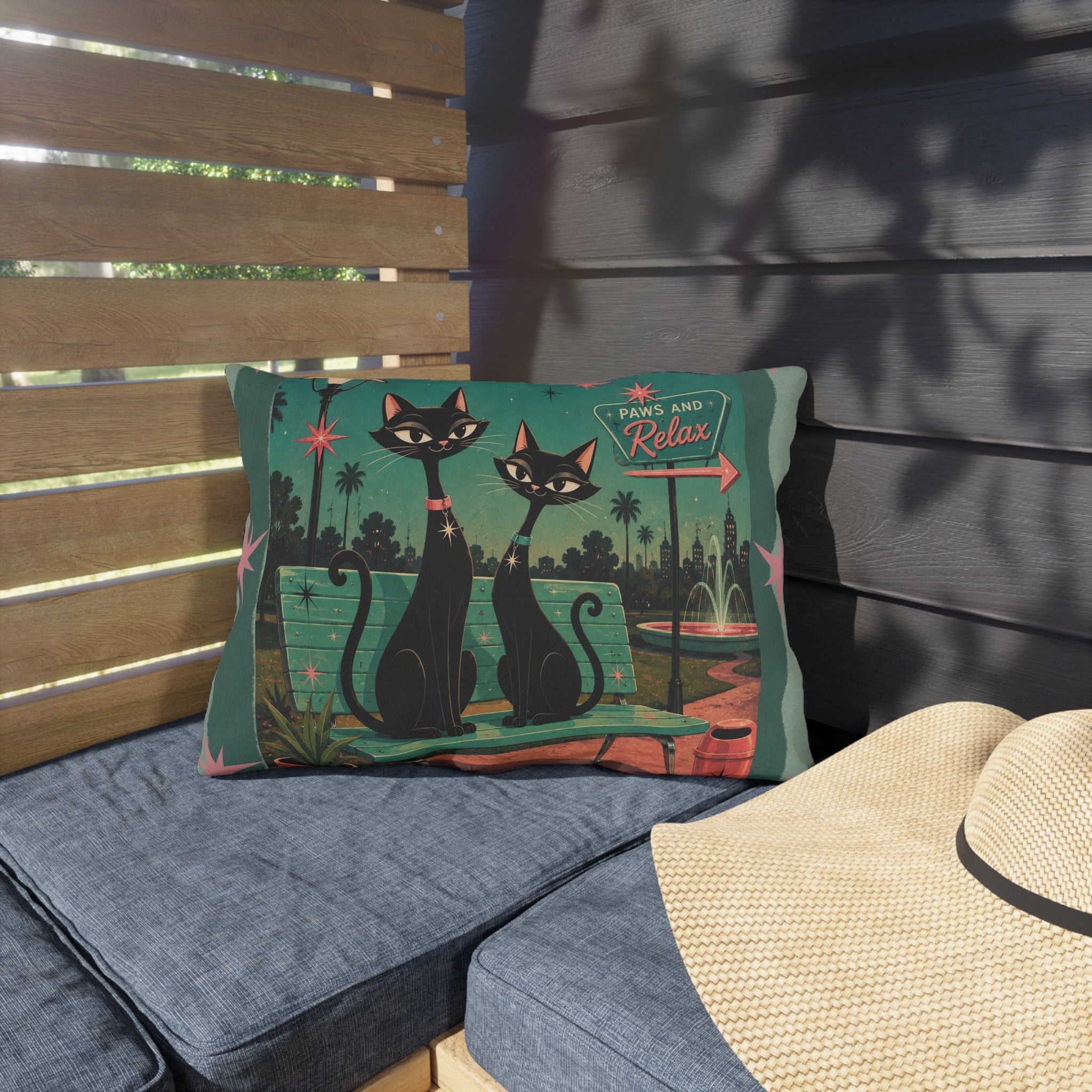 Retro Black Cats Outdoor Pillow | Mid Century Park 'Paws and Relax'