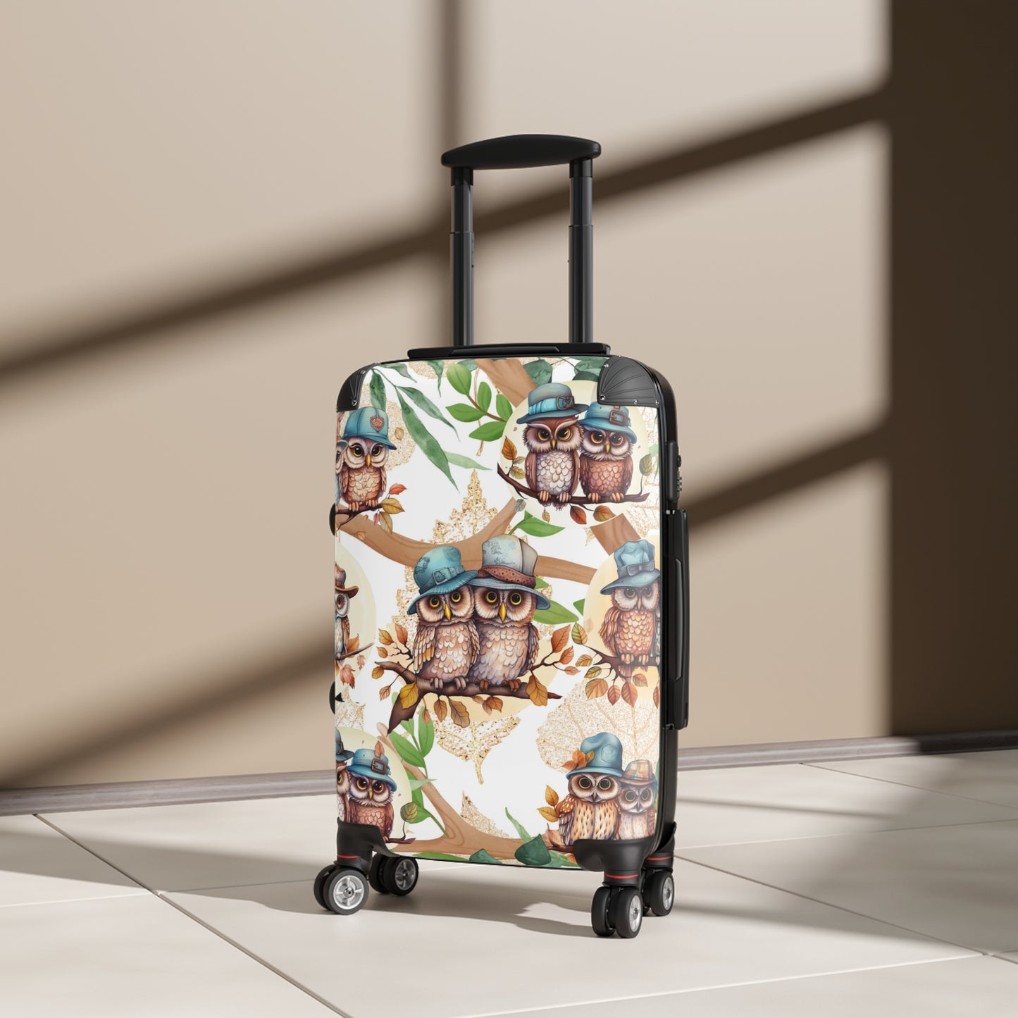 Cute Owl Suitcase on wheels, hard shell travel luggage secure and lockable for holidays, weekend, carry on suitcase