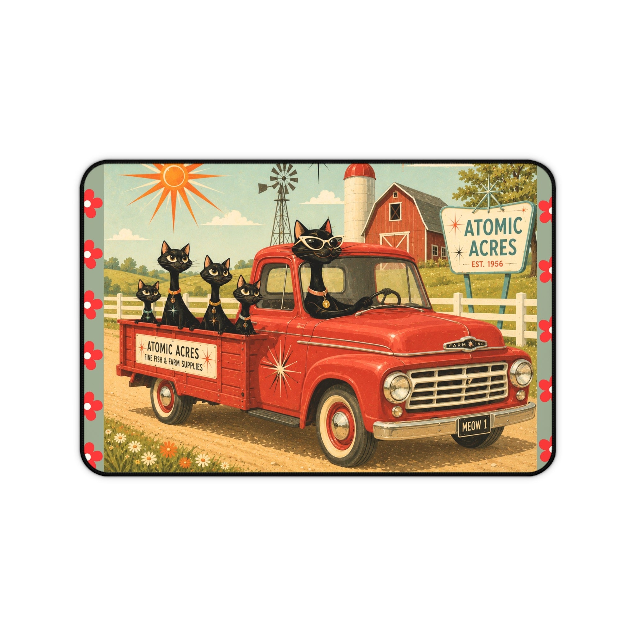 Retro Red Truck with Atomic Black Cats Desk Mat | Atomic Acres Farm Mousepad