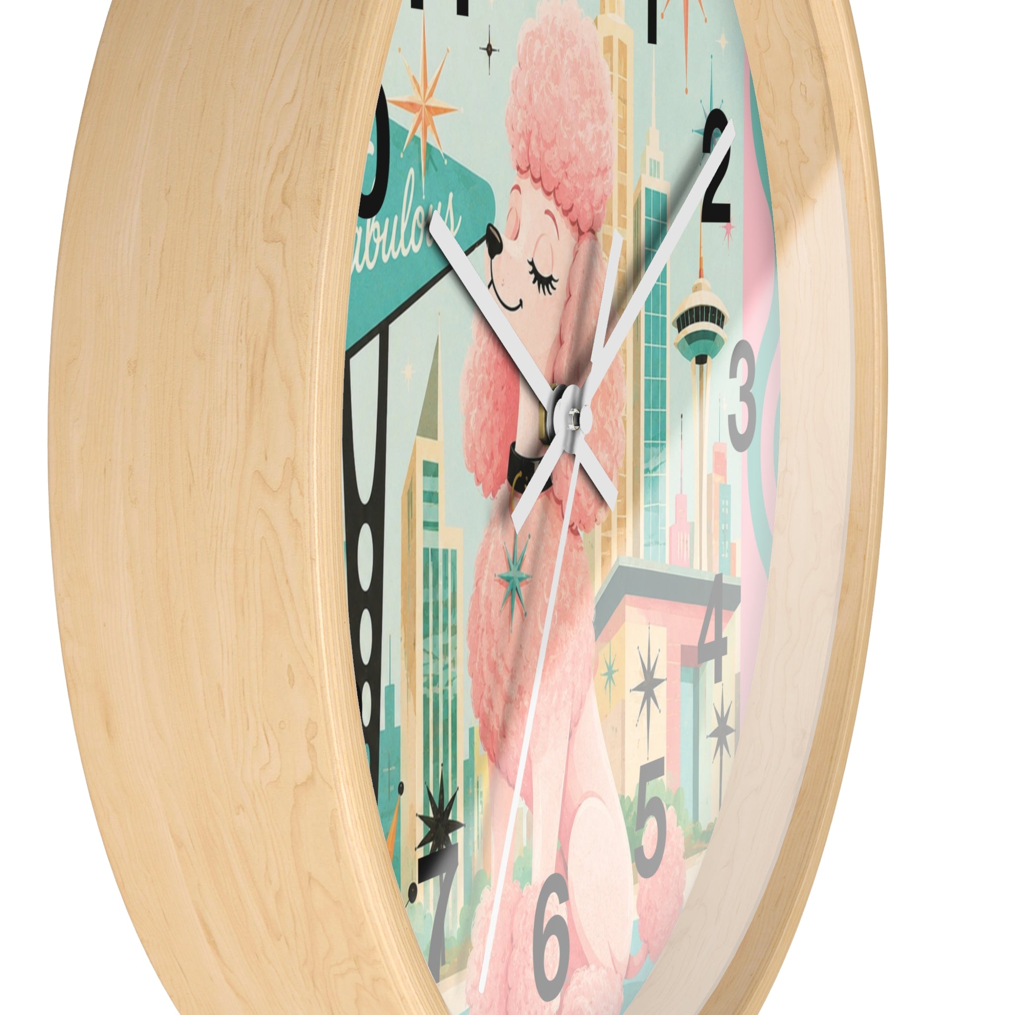 Pink Retro Poodle Wall Clock | Mid Century Atomic City Scene