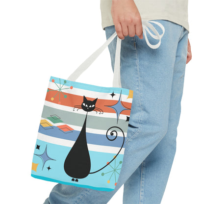 Atomic cat retro tote bag, black cat lover, mid century modern tote carry bag