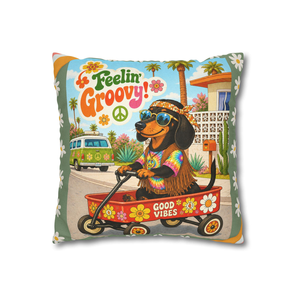 Feelin' Groovy retro Dachshund Pillowcase | 60s 70s pattern Square Decorative Pillow