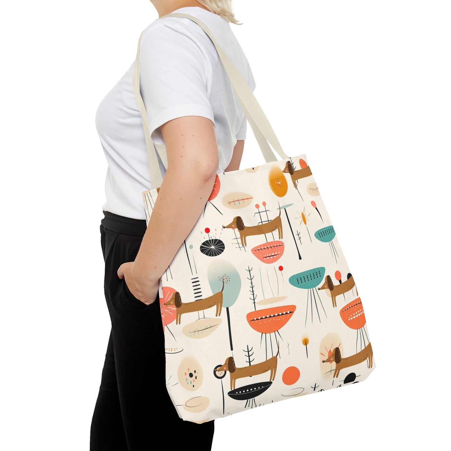 Tote Bag, Mid Century Modern Dachshund tote bag, carry bag, dog lover, beach, shopping, book bag, overnight or day trip tote bag