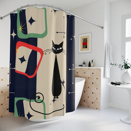 Atomic cat MCM retro shapes red green blue beige Shower Curtain, Mid Century Modern, bathtub or stall, Mid Mod Bathroom, housewarming gift