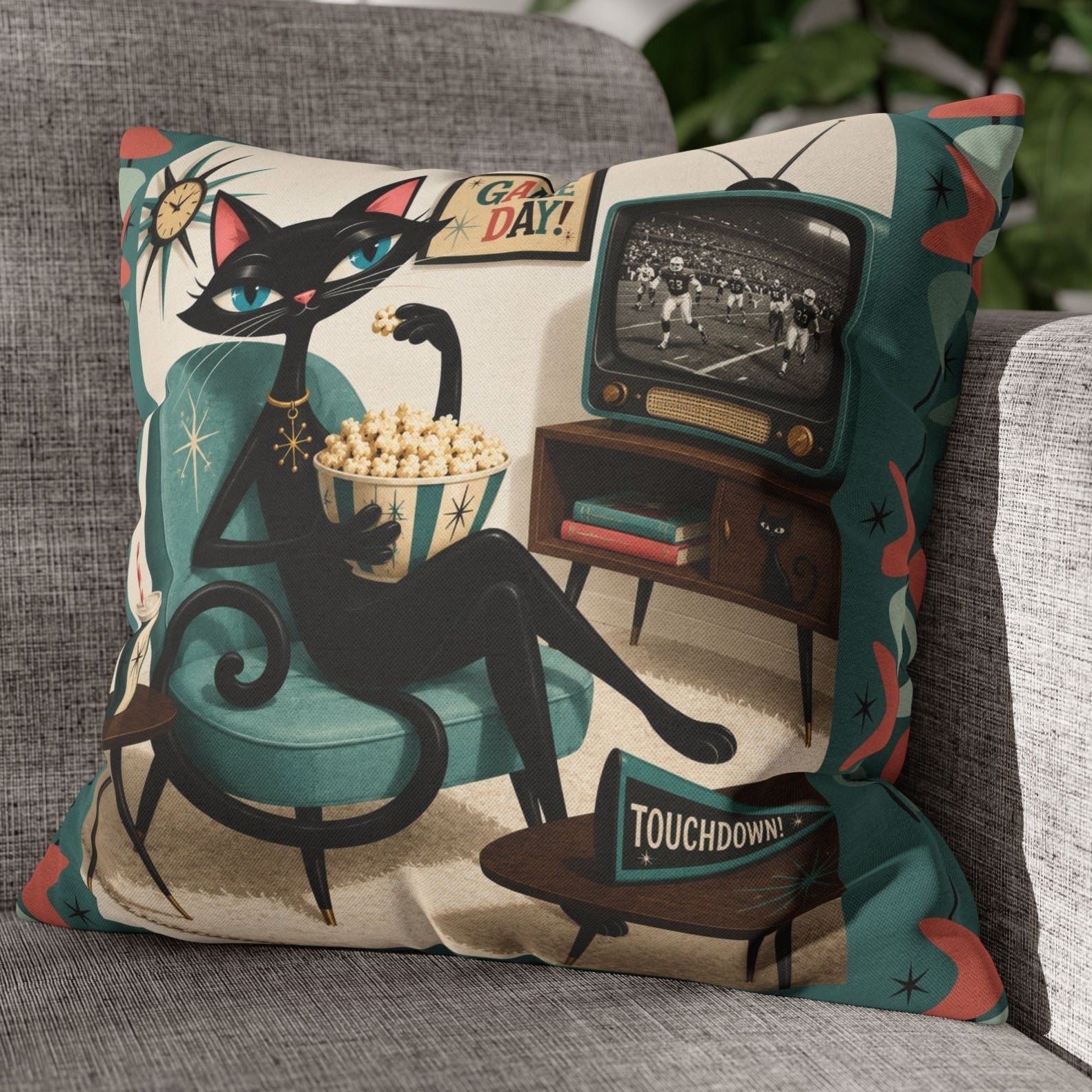 Retro Atomic Black Cat Watching Football Pillowcase | MCM Square Throw Pillowcase - Indoor use