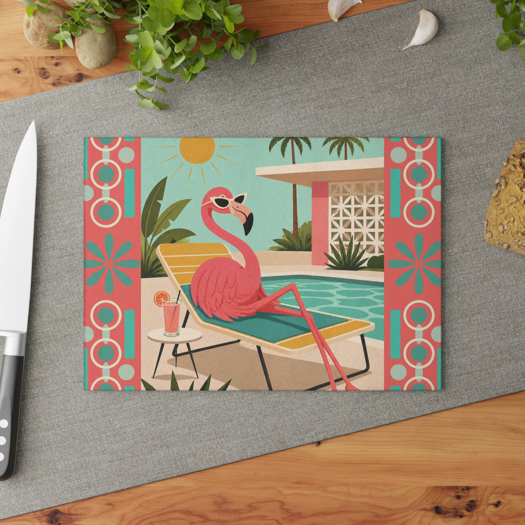 Retro Flamingo Poolside Glass Cutting Board | Mid Century Tropical Art