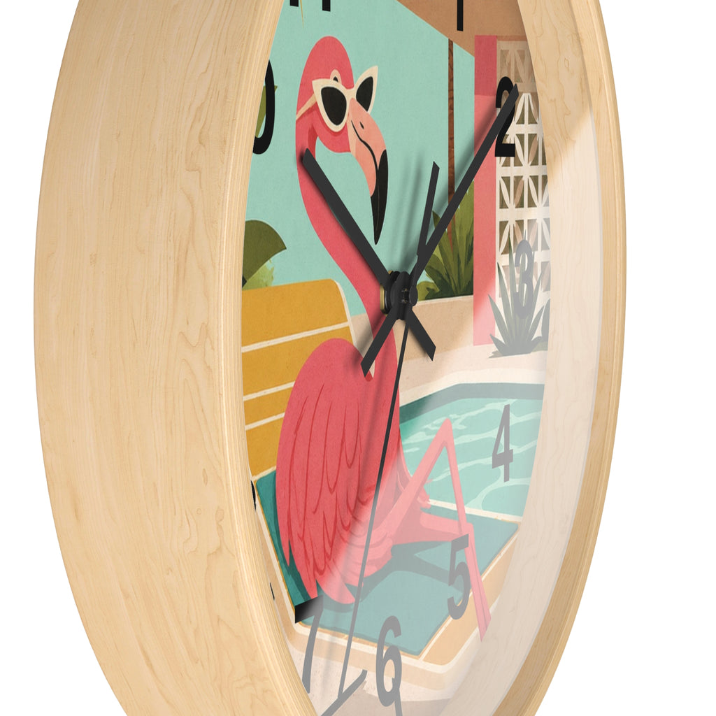 Retro Flamingo Poolside Wall Clock | Mid Century Tropical Illustration