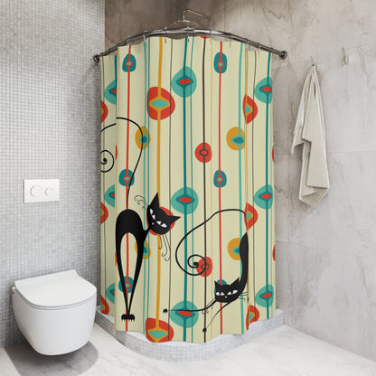 Mid century modern Atomic Cat shower curtain, retro bathroom decor, MCM color curtains