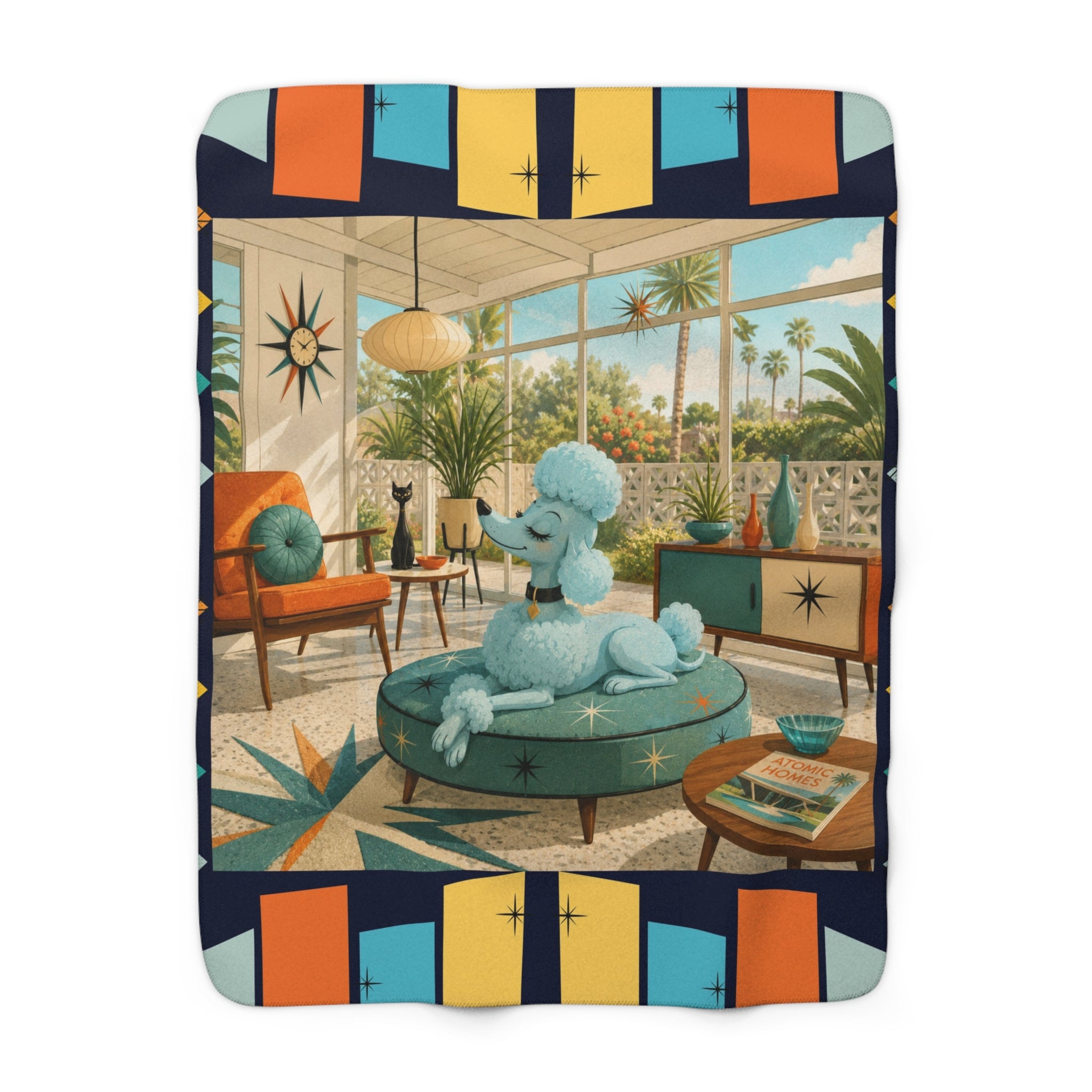 Retro Living Room Poodle Sherpa Fleece Blanket | Mid Century Dog Patio Scene