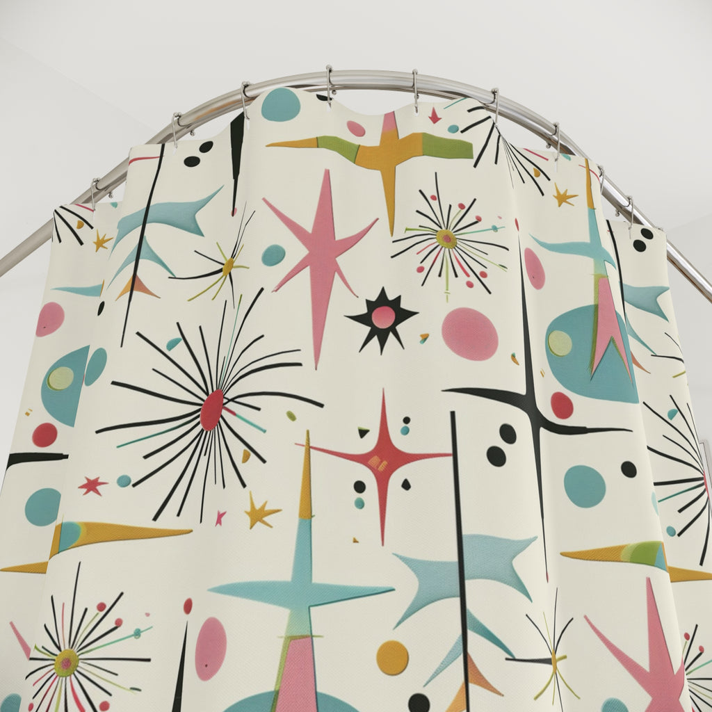 Mid-Century Starburst Shower Curtain — Retro Atomic Pattern