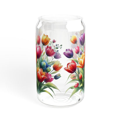 Colorful tulips floral Sipper Glass, 16oz, flower drinking glass, cocktail glass, coffee cup, iced coffee glass