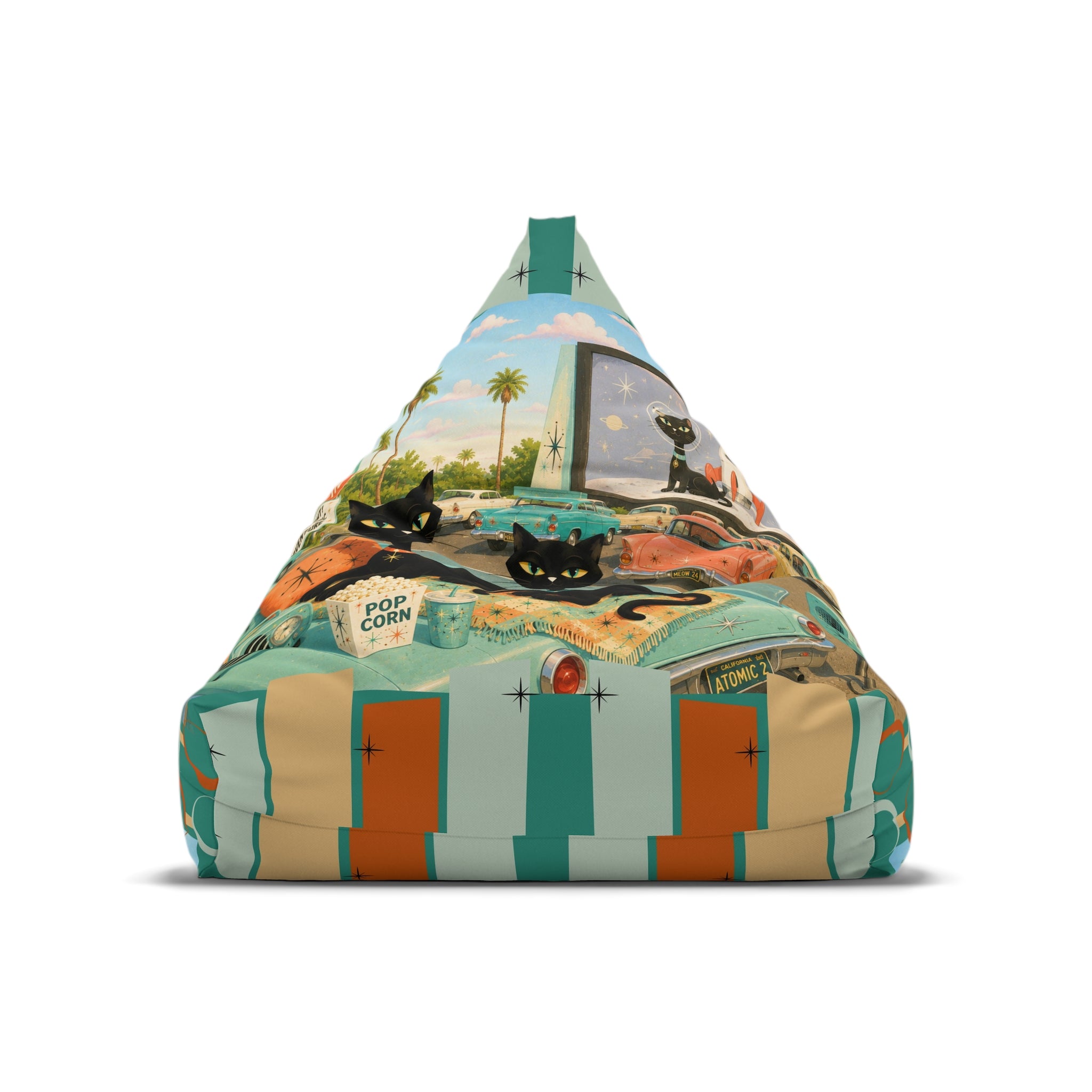 Atomic cat Vintage Road Trip Illustration Bean Bag Chair Cover | Retro Camper Popcorn Palm Trees