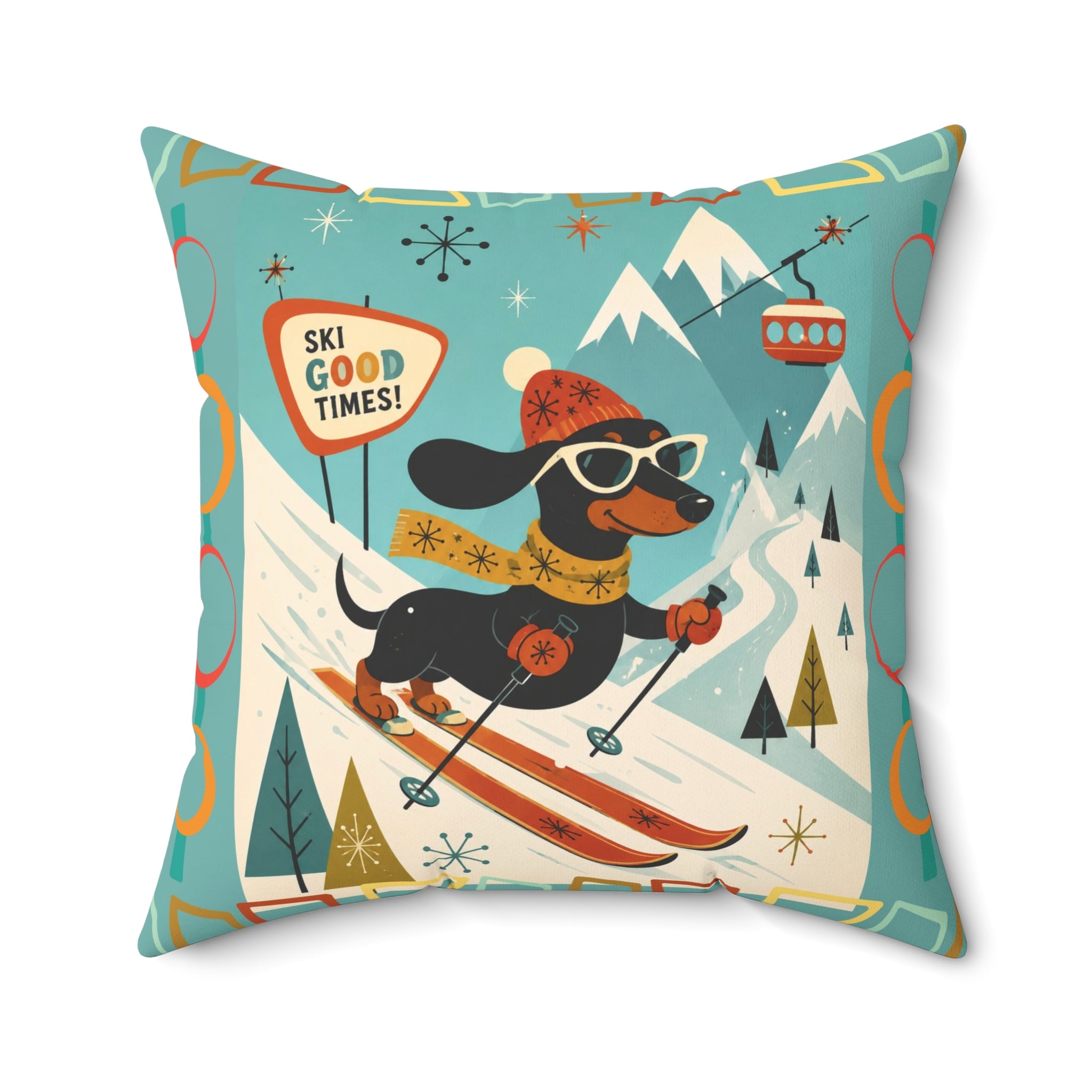MCM Skiing Dachshund Pillow | Square Polyester Throw Pillow, Retro Winter Ski Art