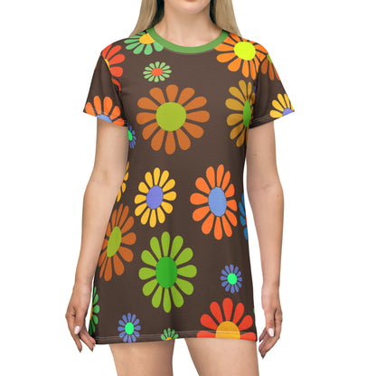 Hippie flowers retro Groovy T-Shirt Dress, retro party, summer beach dress, flower power dress