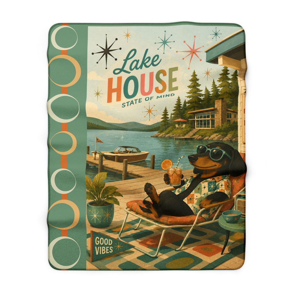 MCM Lake House State of Mind Sherpa Blanket | Retro Dachshund Lake Cabin Art