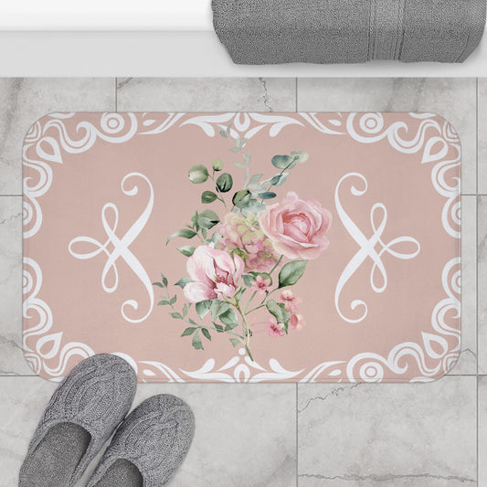 Pink rose floral Shabby chic style Bath Mat, non slip rug for bathroom, Farmhouse, cottage, bathroom decor