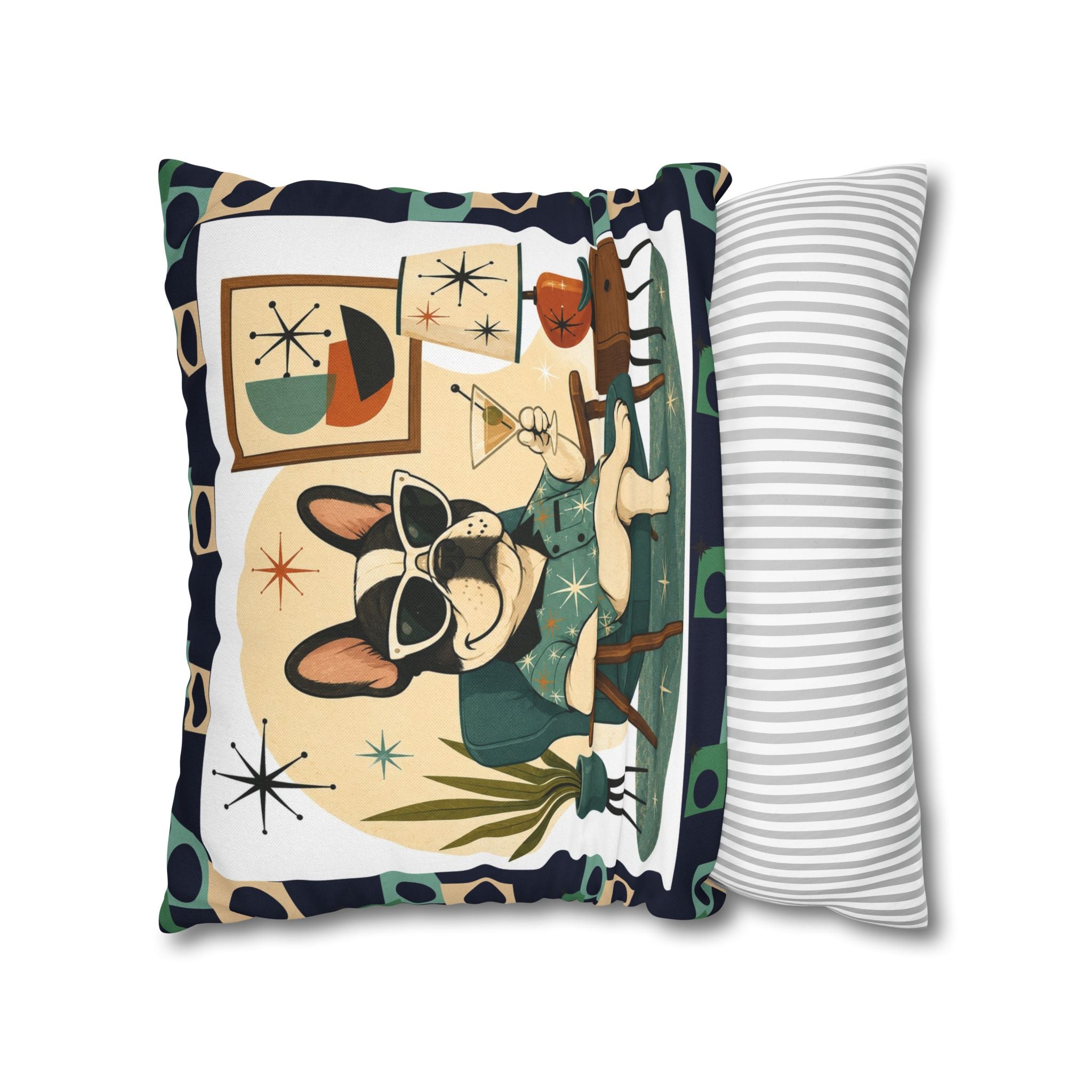 Retro Mid Century French Bulldog Pillowcase | Square Throw Pillowcase - COVER ONLY