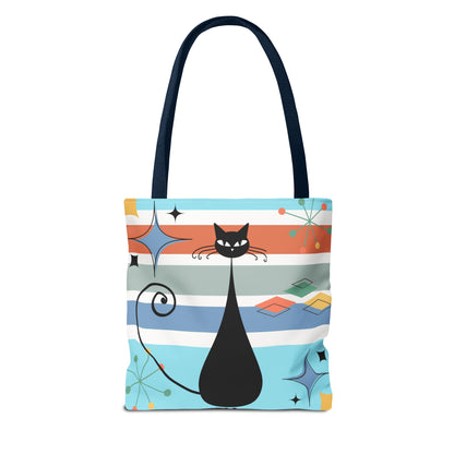 Atomic cat retro tote bag, black cat lover, mid century modern tote carry bag