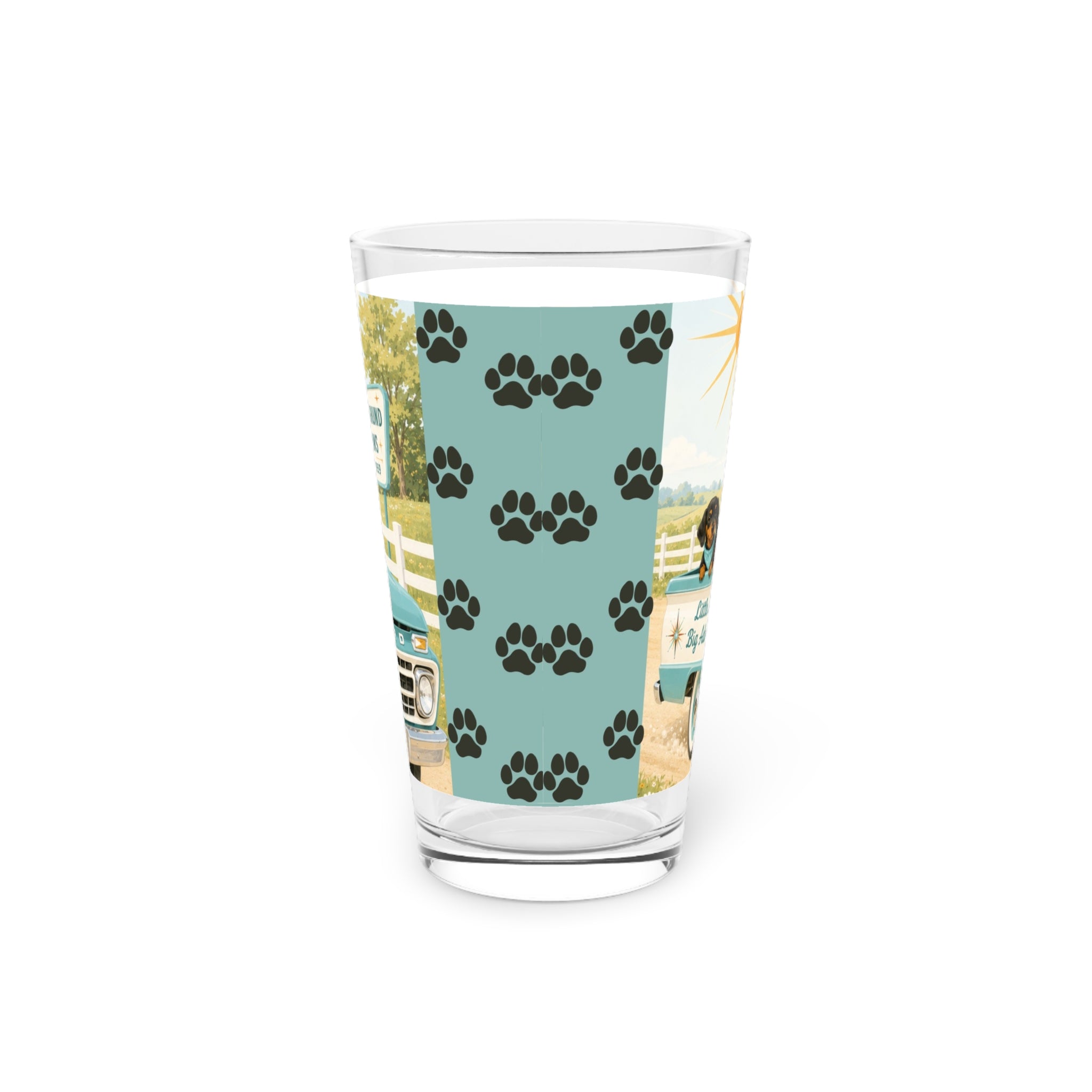 MCM Dachshund Family Road Trip Pint Glass | 16oz Retro Truck Design