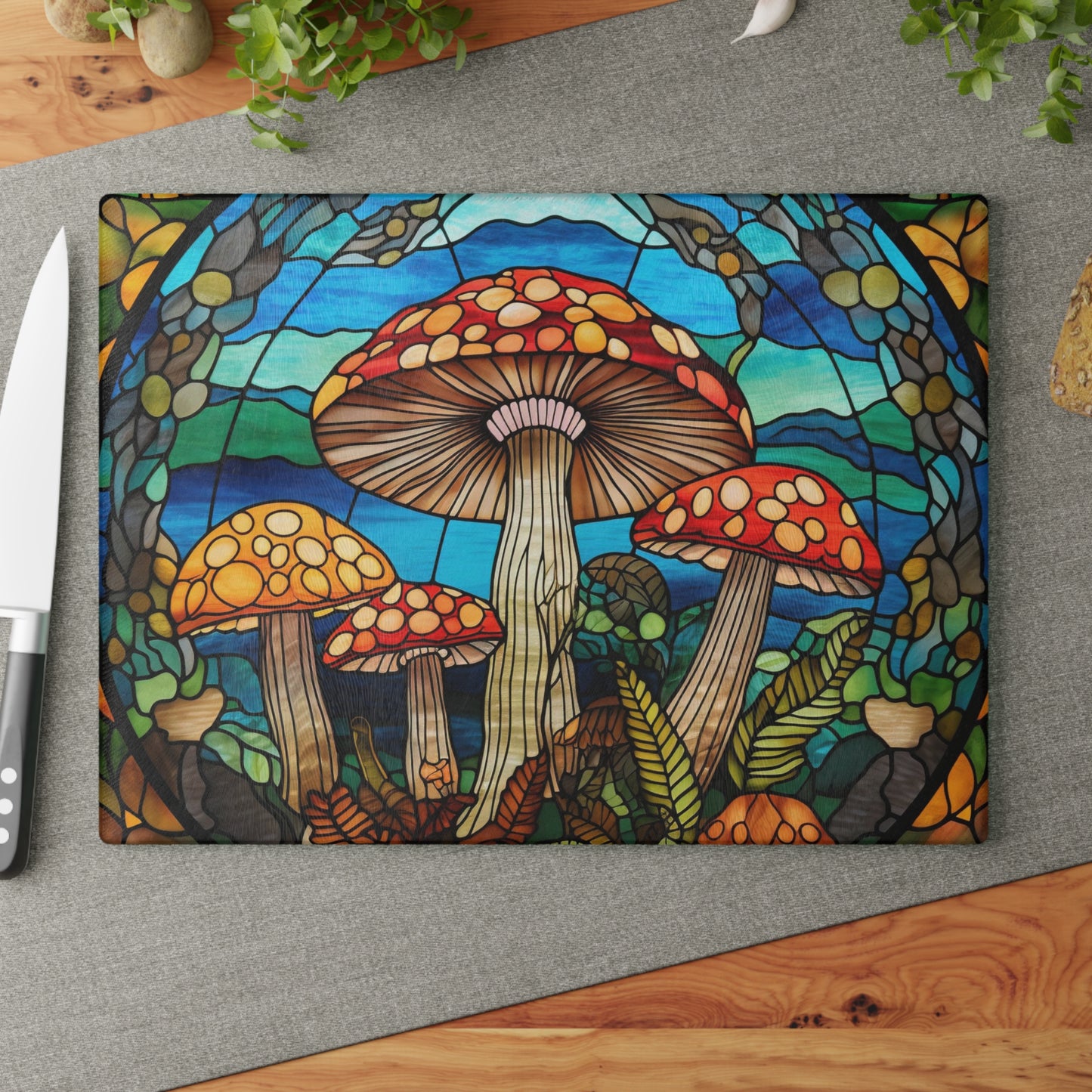 Retro mushroom tempered glass stained glass look cutting board