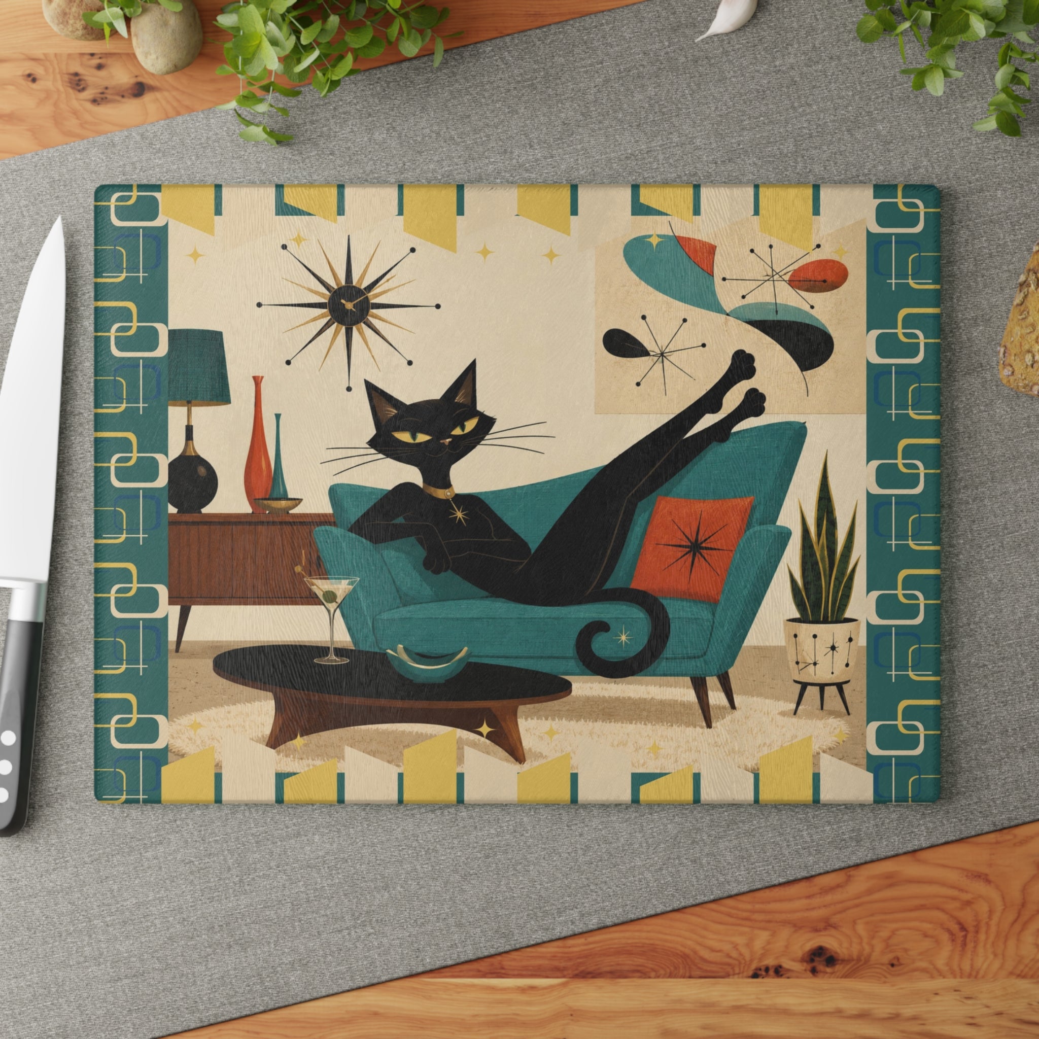 Mid Century Lounge Atomic Cat Glass Cutting Board | Retro Atomic Home Kitchen Decor