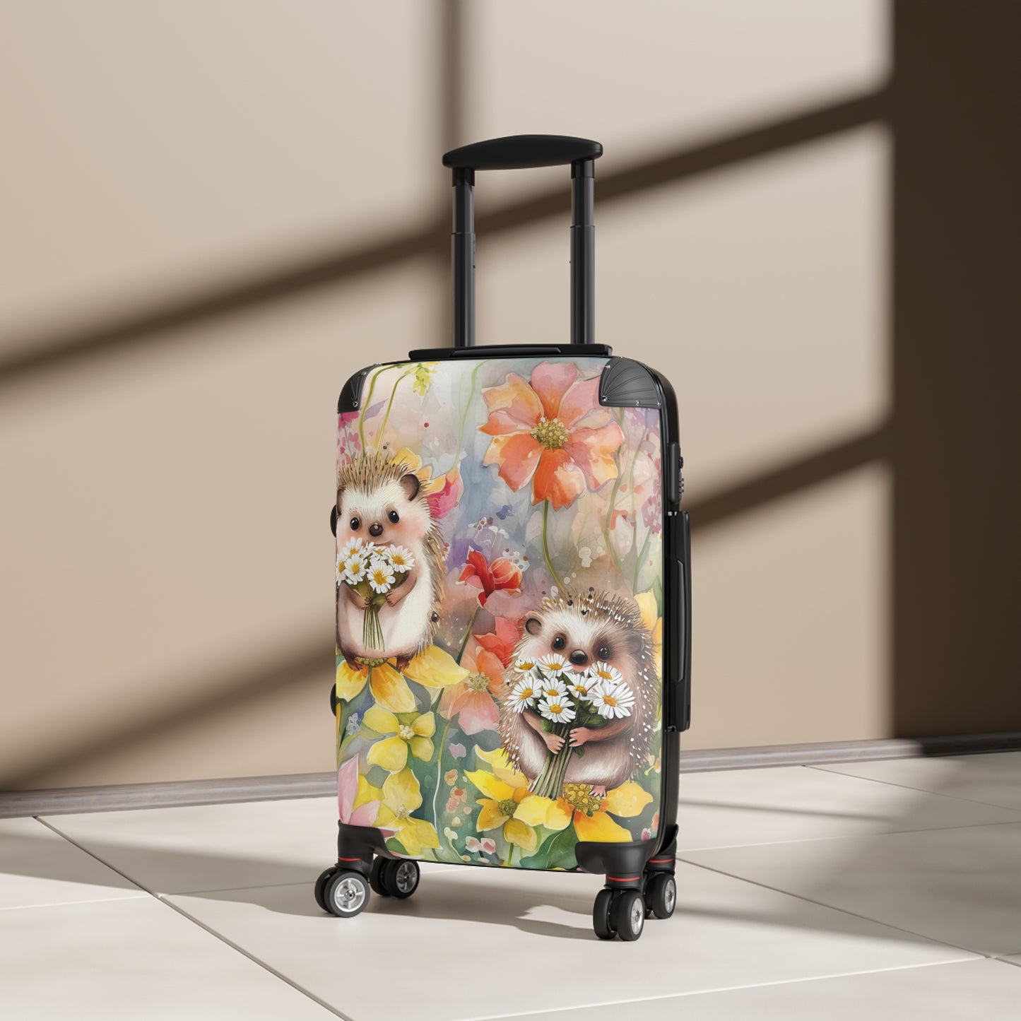 Cute wildflowers and hedgehog Suitcase on wheels, roller case, travel luggage, hard shell suitcase, secure lockable design