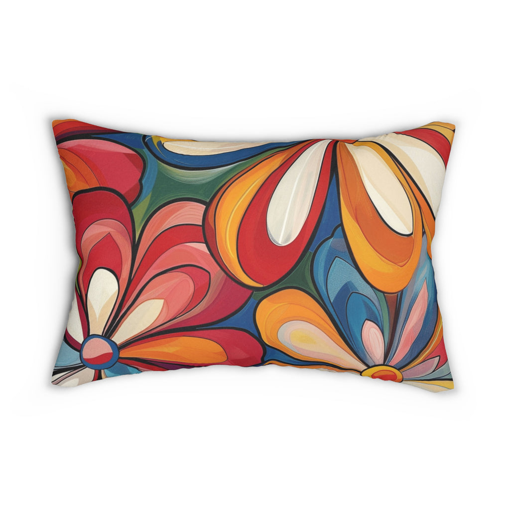 Atomic cat colorful floral art Spun Polyester Lumbar Pillow, retro inspired, flower power cushion, bedroom living room, black cat lover gift