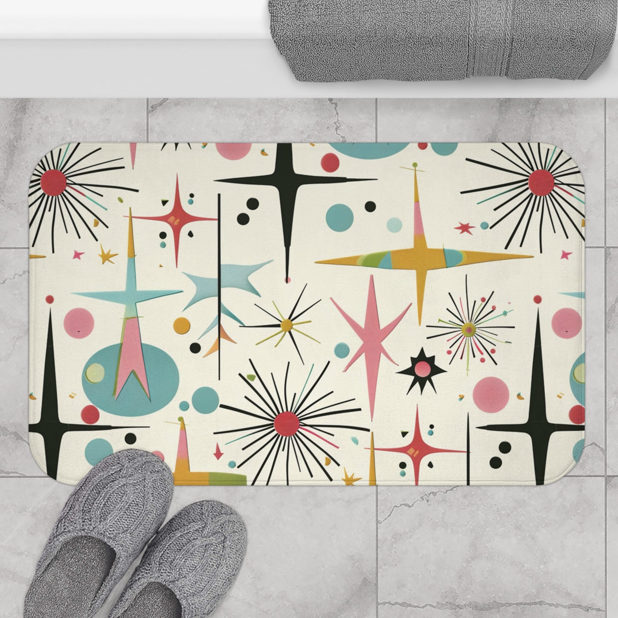 Retro Atomic Starburst Bath Mat — Mid-Century Modern Bathroom Rug