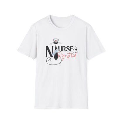 Registered Nurse Atomic cat retro Unisex Softstyle T-Shirt, MCM ladies shirt, RN tee, Mid Century lover, black cat lover gift