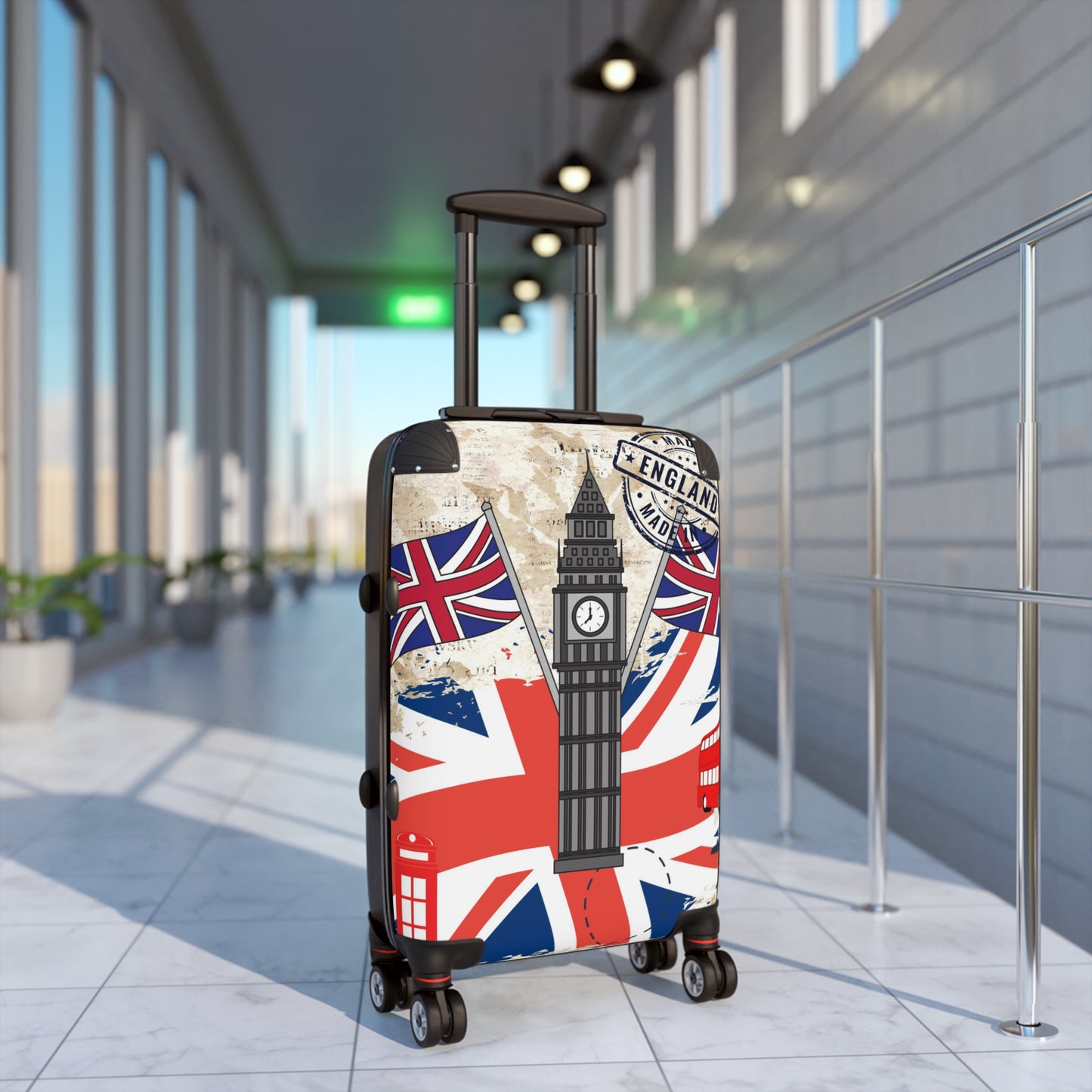 Made in England Suitcase on wheels, hard shell travel luggage for holidays, weekend trips, secure lockable bag