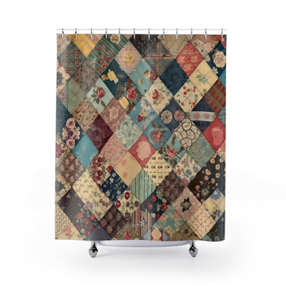 Retro shower curtain, FAUX Vintage Patchwork : Shower curtain with a printed Quilted LOOK, vintage bath decor, bathroom curtains