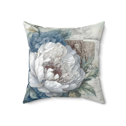 Blue with large white flower floral shabby chic Square Pillow, vintage inspired, couch scatter throw cushion, living room decor