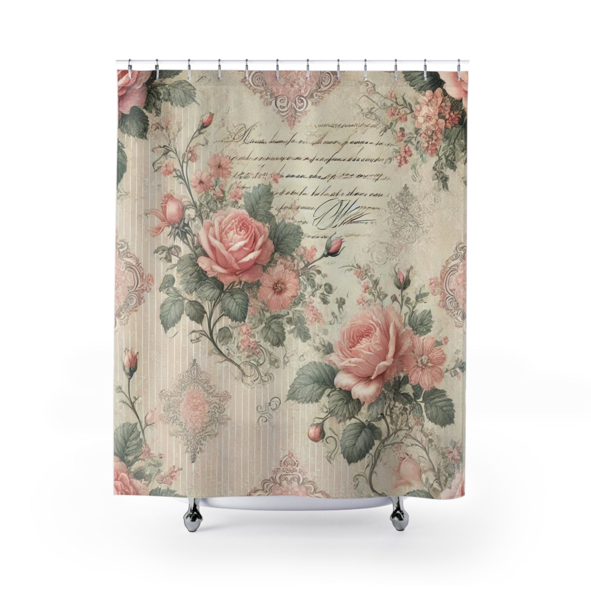 Pink floral Shabby chic vintage script Shower Curtain, French country, elegant bathroom decor, stall shower curtain