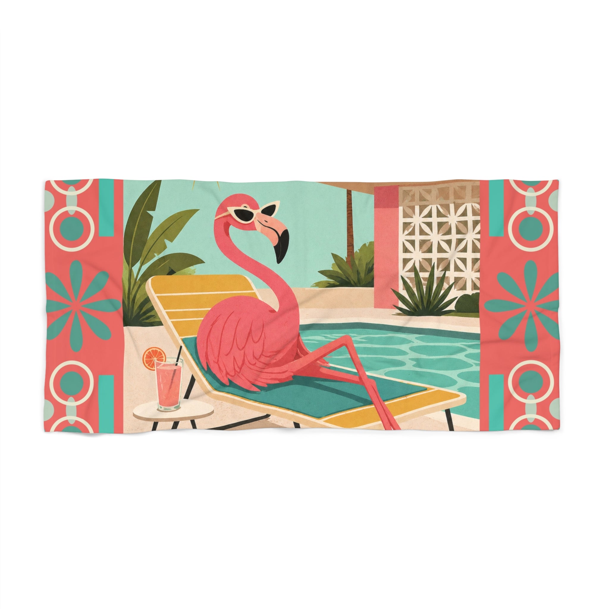 Retro Flamingo Pool Lounge Beach Towel | Tropical Mid Century Resort Vibe