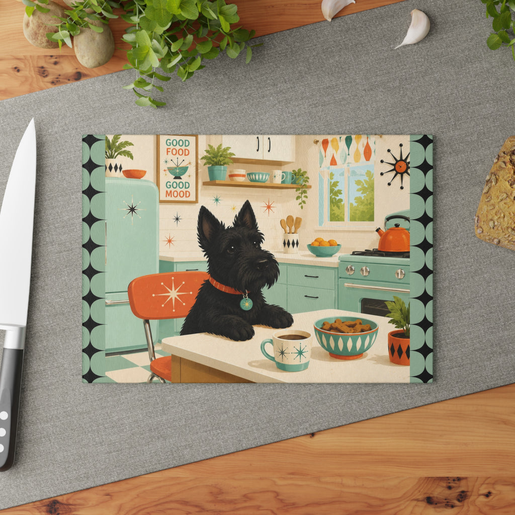 Retro Kitchen Scottish Terrier Glass Cutting Board | Mid Century Dog Art