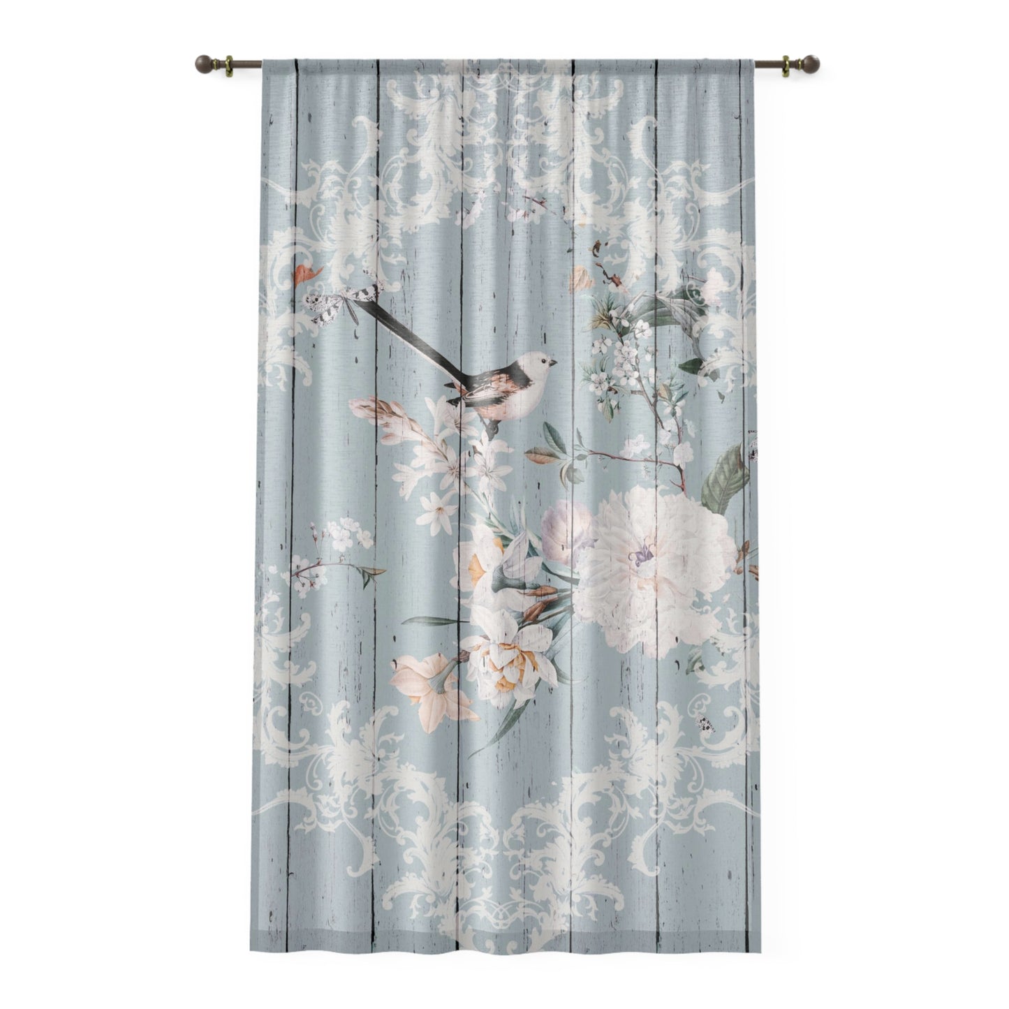 Blue shabby chic style bird and woodgrain look sheer Window Curtain, shabby decor, retro inspired, farmhouse curtain