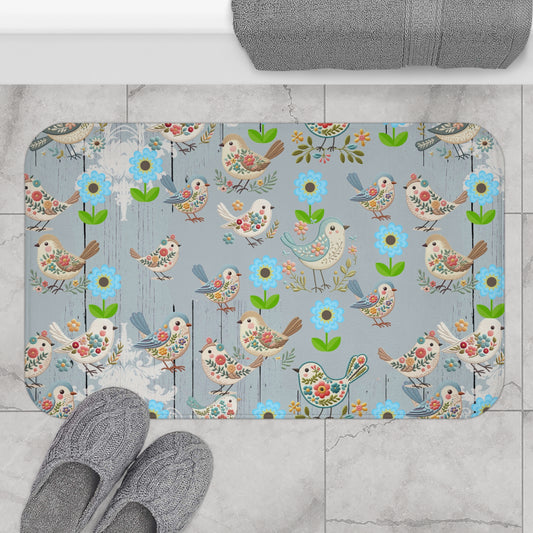 Rustic Woodgrain look little embroidery Birds (PRINTED LOOK ONLY) shabby chic Bath Mat