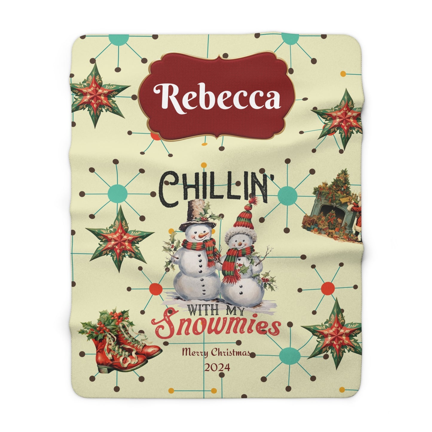 Personalized Christmas "Chillin with my Snowmies Sherpa Fleece Blanket, retro xmas decor, snuggle rug, holiday season, named Christmas gift