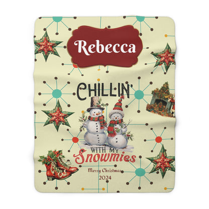 Personalized Christmas "Chillin with my Snowmies Sherpa Fleece Blanket, retro xmas decor, snuggle rug, holiday season, named Christmas gift