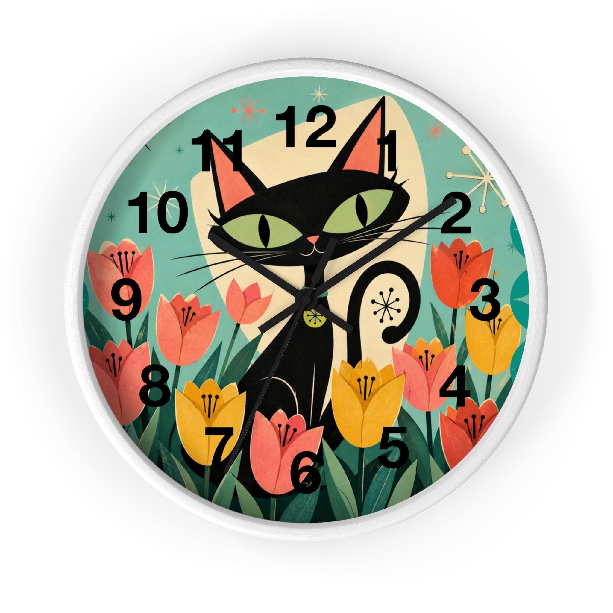 Atomic Black Cat in Tulips Wall Clock | Retro Cat Illustration, Spring Floral