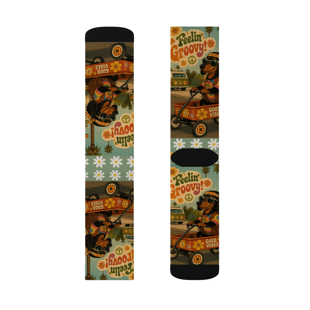 Feelin' Groovy Retro Dachshund Illustration Socks | Vintage Hippie Floral Pattern